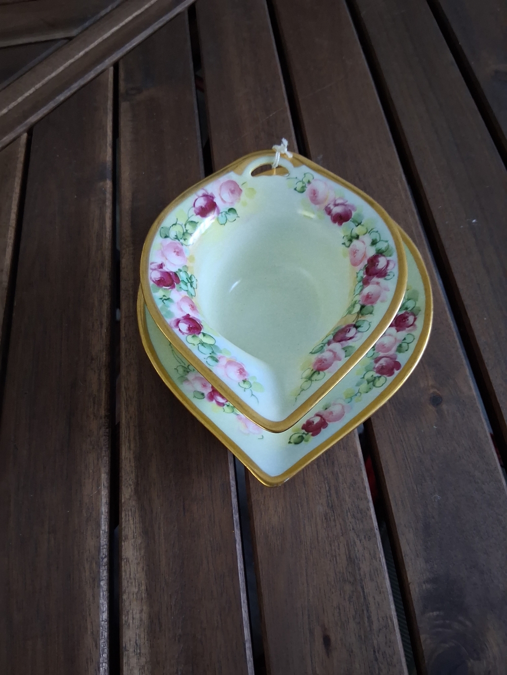 Vintage Leaf-Shaped 2 Piece Floral Porcelain Dish in Pale Green and Pink